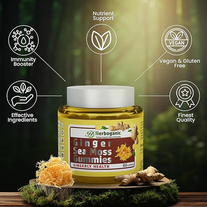 Ginger Sea Moss Gummies - Herbal Support for Immune & Digestive Health - Plant-Powered, Gluten-Free & Vegan-Friendly - 60 Count