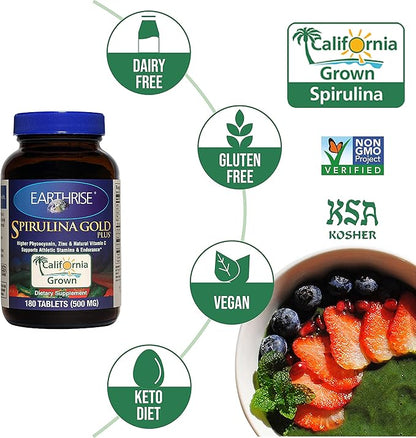 Earthrise Spirulina Gold Plus 500mg Tablet 180 counts, Natural Premium Spirulina from California- Vegan, Gluten Free, Keto Friendly, Non -GMO Super Food high in vitamins & minerals.