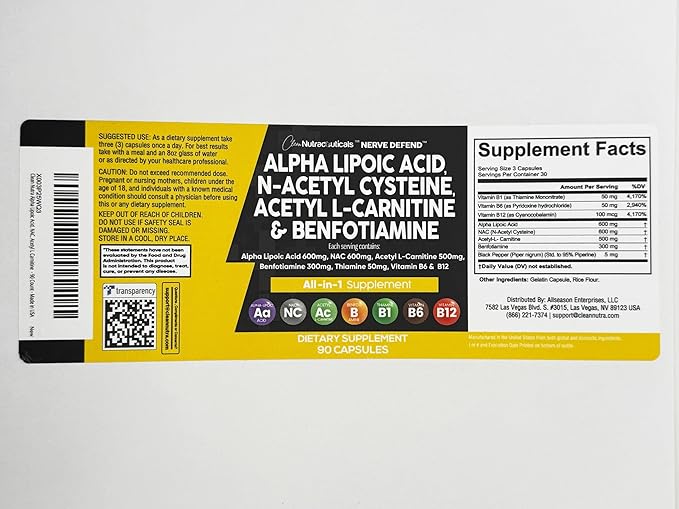 Alpha Lipoic Acid 600mg N-Acetyl Cysteine 600mg Acetyl L-Carnitine 500mg Benfotiamine 300mg - Nerve Support Supplement for Women and Men with Vitamin B1, B6 & B12 - Made in USA 90 Caps