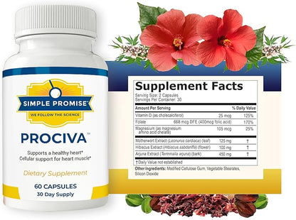 Simple Promise Prociva - Arjuna Bark Extract Heart Health Supplement with Folic Acid, Vitamin D & Magnesium - Herbal Blood Pressure Support & Healthy Heart Maintenance for Men & Women - 60 Capsules