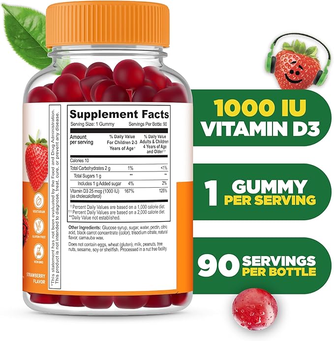 Lifeable Kids Vitamin D Gummies | Vitamin D3 1000iu | Great Tasting Vitamin D3 Gummies | D3 Vitamin for Strong Healthy Bones and Immune Support | Vitamin D for Kids, Boys, Girls | 90 Gummies