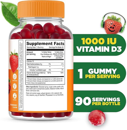 Lifeable Kids Vitamin D Gummies | Vitamin D3 1000iu | Great Tasting Vitamin D3 Gummies | D3 Vitamin for Strong Healthy Bones and Immune Support | Vitamin D for Kids, Boys, Girls | 90 Gummies