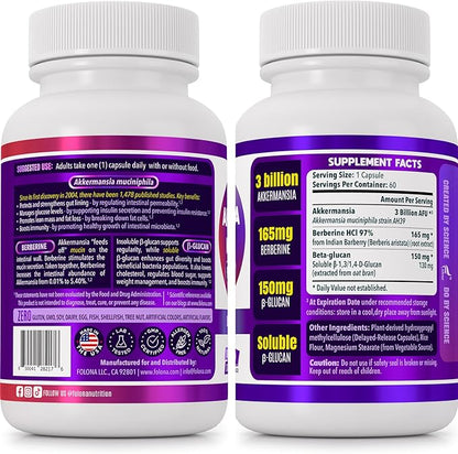 Delayed Release Akkermansia GLP-1 Probiotic with Berberine and Soluble Beta-Glucan Prebiotic Fiber; 3 Billion AFU, 60 Capsules, for Gut Health Support