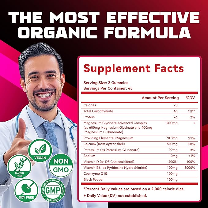 Magnesium Glycinate Gummies 1000mg - Sugar Free Magnesium Potassium Supplement with Vitamin D, B6, CoQ10 for Calm Mood & Sleep Support - 180 Raspberry Gummies.