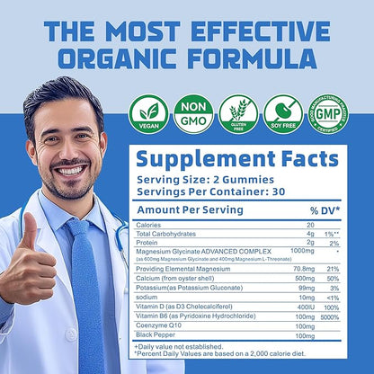 Magnesium Glycinate Gummies 1000mg - Sugar Free Magnesium Potassium Supplement with Vitamin D, B6, CoQ10 for Calm Mood & Sleep Support - 60 Blueberry Gummies