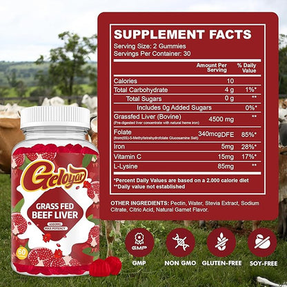Beef Liver Supplement - Grass Fed Beef Liver Gummies, Heme Iron Supplement with Folate, Vitamin C & L-Lysine - Energy Support for Fatigue & Muscle Recovery, Non GMO, Gluten-Free, 60 Counts