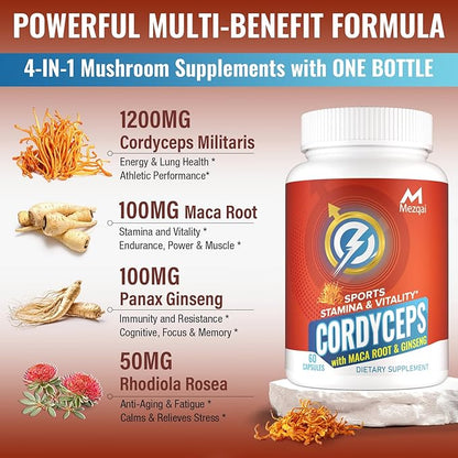Cordyceps Mushroom Capsules - Immune & Energy Support Supplement with Cordyceps Militaris, Maca Root, Ginseng, Rhodiola, Mushroom Supplement for Endurance, Stamina, Athletic Performance, 60 Capsules
