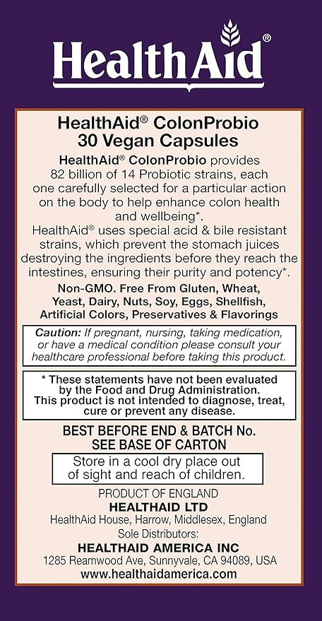 ColonProbio 82 Billion with Prebiotic, 14 Strains, Once Daily, 30ct, Optimum Colon Care, Acid & Bile Resistant, Dairy Free, Gluten Free, Non-GMO