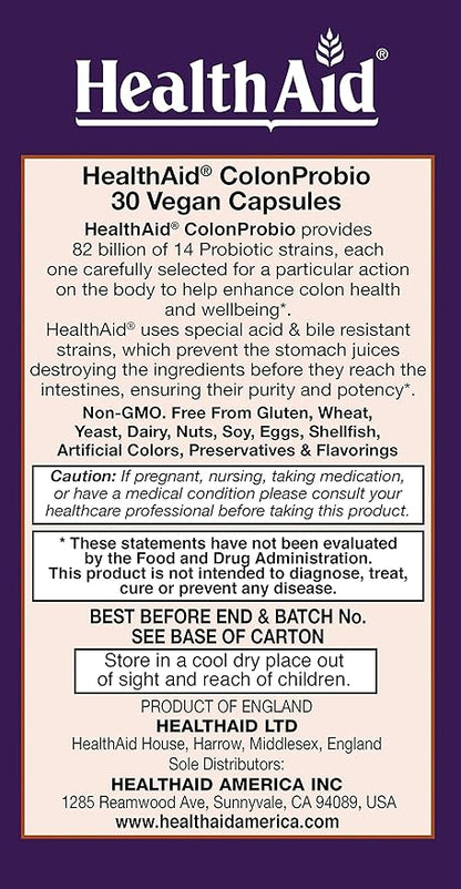 ColonProbio 82 Billion with Prebiotic, 14 Strains, Once Daily, 30ct, Optimum Colon Care, Acid & Bile Resistant, Dairy Free, Gluten Free, Non-GMO