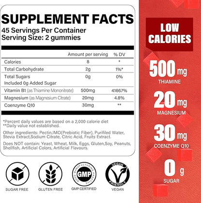 Sugar Free Vitamin B1 Gummies 500mg- Thiamine B1 Supplement for Adults & Kids- Natural Mixed Berries Flavor, Vegan, 90 chewable Gummies