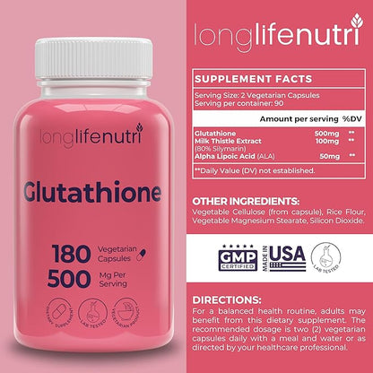 Reduced Glutathione 500mg – with White Milk Thistle and Alpha Lipoic Acid, 180 Vegetarian Capsules, Natural Antioxidant, 3-Month Supply, GMP Certified, Made in USA