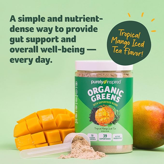 Purely Inspired Organic Green Powder Smoothie Mix, Tropical Mango Iced Tea Flavor (30 Servings) - Probiotics for Digestive Health with Spirulina & Chlorella for Gut Health - Vegan & Gluten-Free