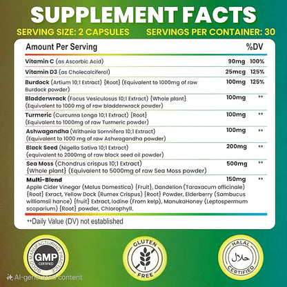 Sea Moss, Black Seed Oil, Ashwagandah & Burdock Root - Antioxidant Multivitamin Blend - 60 Capsules