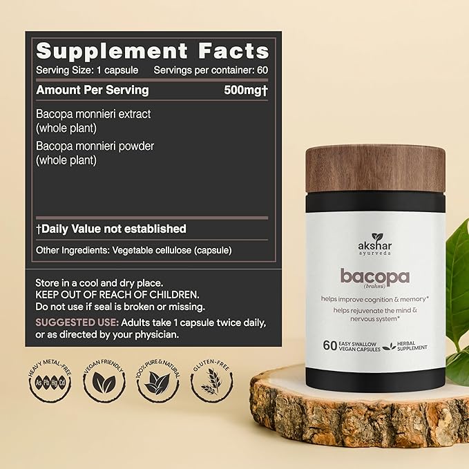 AKSHAR Ayurveda - Bacopa 500mg Brahmi Supplement, Rejuvenate System - Bacopa Pills to Support Cognitive Function for Adults - Vegan Cruelty Free Bacopa Monnieri (60 Count)