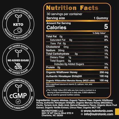 NutroTonic® Authentic Himalayan SHILAJIT Gummies | No Added Sugars | Organic Raspberry Vanilla Flavor | Sweetened by Organic Manuka Honey MGO +263 | Brain, Heart, Cellular Health | 30 Healthy Gummies