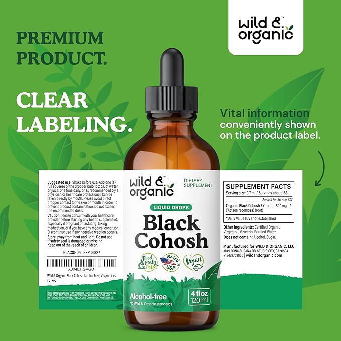 Wild & Organic Black Cohosh Tincture 540 mg - Herbal Supplements for Women - Black Cohosh Root Extract - 5-Month Supply - Vegan, Sugar & Alcohol-Free Liquid Drops - 4 fl oz