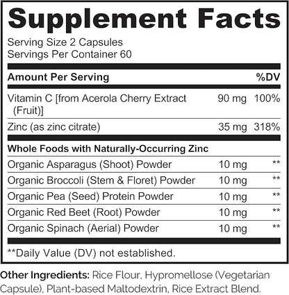 NATURELO Vegan Zinc Immune Support Capsules - Whole Food Complex with Vitamin C for Healthy Skin, Hair, and Nails - 120 Capsules (Pack of 2)