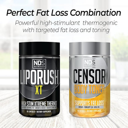NDS Nutrition Maximum Strength Dual Impact Stack - Complete 2-in-1 Fat Loss Stack Enhanced with Teacrine, L-Carnitine, CLA for Serious Results - Censor 90 Softgels XT 60 Capsules