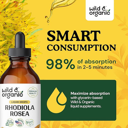 Wild & Organic Rhodiola Rosea Tincture - Rhodiola Rosea Supplement for Mood Support - Relaxing Root Extract Liquid Drops - Vegan, Sugar & Alcohol-Free - 4 fl oz