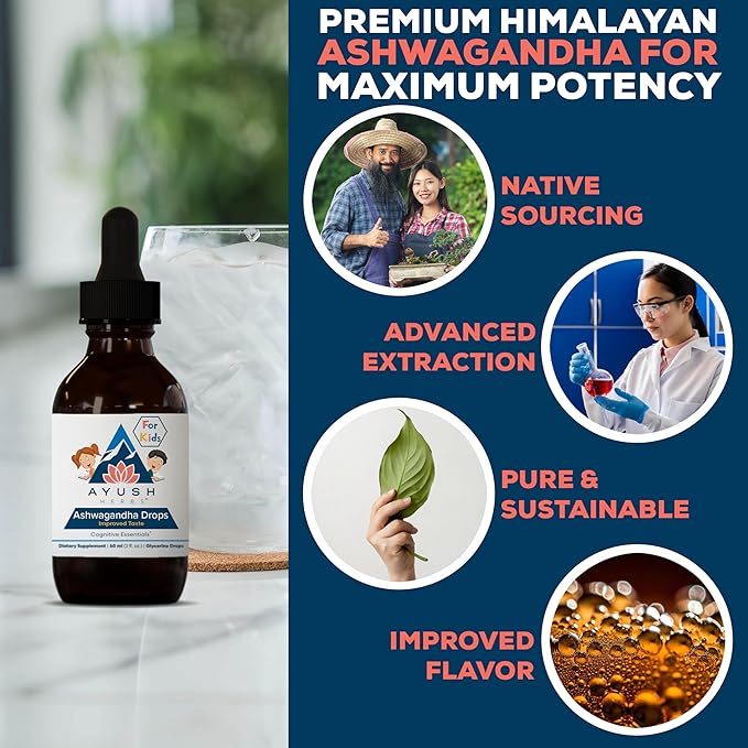 Ayush Herbs Ashwagandha Drops for Kids & Adults - Alcohol-Free Ashwagandha Drops, Calming Daily Supplement for Calm Focus with Organic Ashwagandha, Lemon Flavor - 2 Fl Oz (80 Servings)