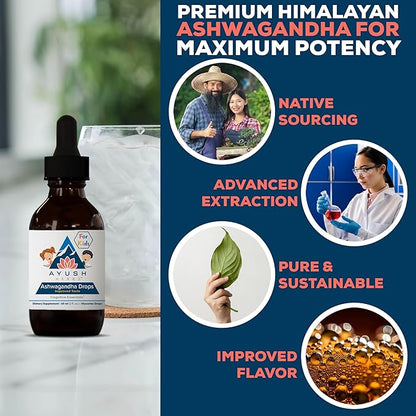 Ayush Herbs Ashwagandha Drops for Kids & Adults - Alcohol-Free Ashwagandha Drops, Calming Daily Supplement for Calm Focus with Organic Ashwagandha, Lemon Flavor - 2 Fl Oz (80 Servings)