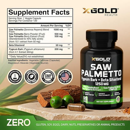 X Gold Health Saw Palmetto Prostate Supplement for Men | Pygeum Bark | Beta Sitosterol Supplement | Potent 3X Formula | Urinary Function Prostate | DHT Blocker Hair Growth | 4 Month Supply Male Pills