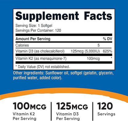 Nutricost Vitamin K2 (MK7) (100mcg) + Vitamin D3 (5000 IU) 120 Softgels - Gluten Free and Non-GMO