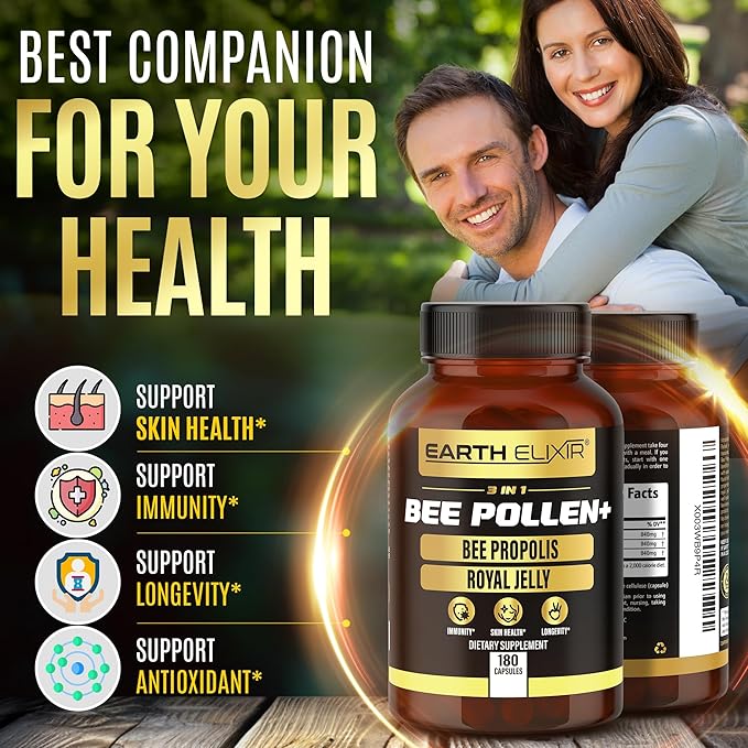 3-in-1 Bee Pollen Organic 840mg (180 Caps) W/ 840mg Bee Propolis Capsule & 840mg Royal Jelly Capsule - 3rd Party Tested - Bee Pollen Supplement - Organic Bee Pollen Capsule -No Fillers