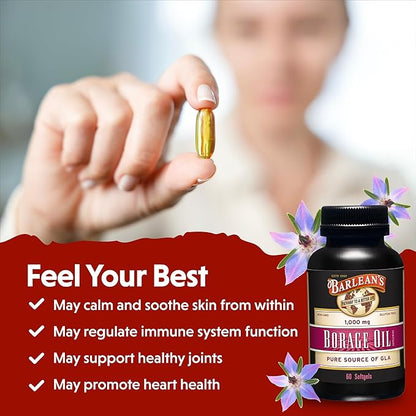 Barlean's Borage Oil Capsules, 1000mg Cold Pressed Pure Borage Seed Oil GLA Supplement, Omega 6 for Healthy Skin Joints and Bones and Brain Function, Non-GMO and PA Safe, 60 Count