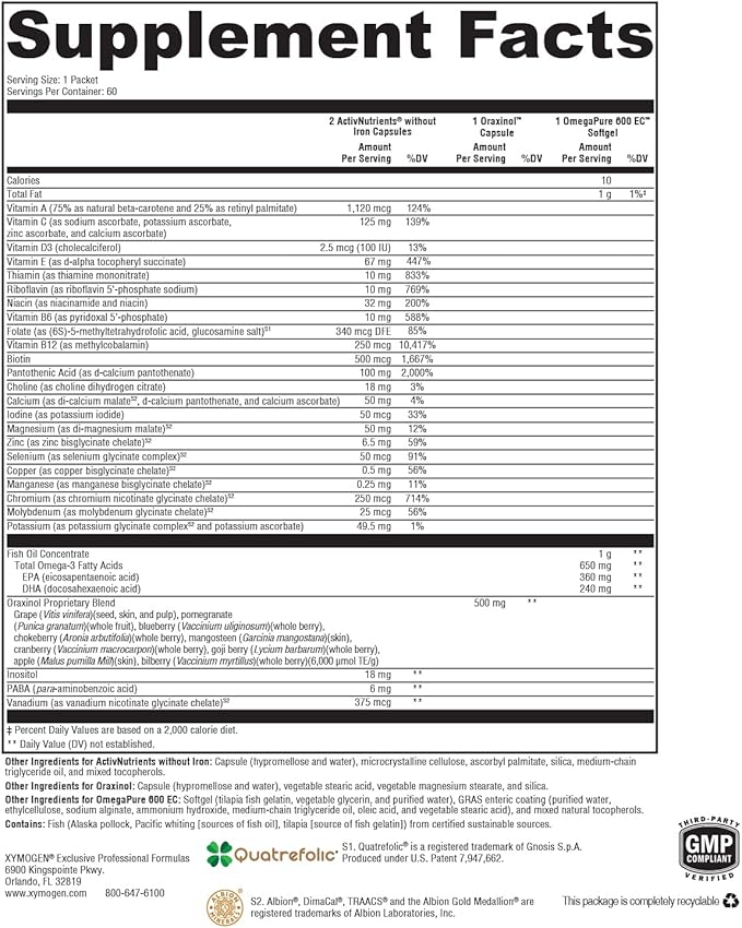 XYMOGEN ActivEssentials Packets - Daily Dose Pack Nutrition with 3 Supplements - ActivNutrients Multivitamin + Mineral Without Iron, Oraxinol, OmegaPure 600 EC Omega-3 Fish Oil (60 Packets)