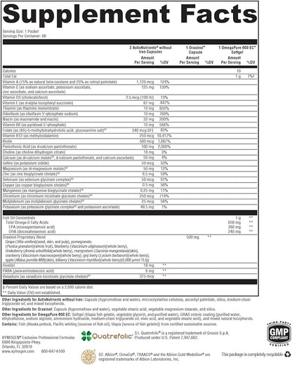 XYMOGEN ActivEssentials Packets - Daily Dose Pack Nutrition with 3 Supplements - ActivNutrients Multivitamin + Mineral Without Iron, Oraxinol, OmegaPure 600 EC Omega-3 Fish Oil (60 Packets)
