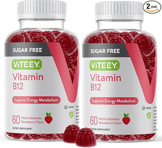 Vitamin B12 Gummies for Adults & Teens 1000mcg, Sugar Free - Good for Energy, Metabolism, Natural Energy Support - Vegan, Gelatin Free, Gluten Free, GMO Free - Tasty Chewable Strawberry Flavored Gummy