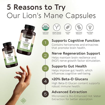 Longevity Botanicals Organic Lion’s Mane Mushroom Extract Capsules (240) | Concentrated 8:1 Ratio | 100% Fruiting Bodies | Hericium Erinaceus Nootropic Supplement for Focus, Memory & Brain Support