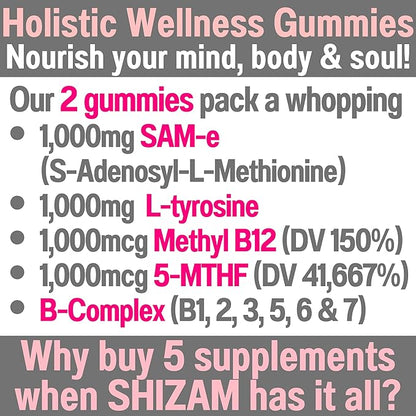 SHIZAM SAM-e & L-Tyrosine Gummies & Methylated Vitamin B-Complex | Methyl B12 & 5-MTHF | Vitamins B12 B9 B7 B6 B5 B3 B2 B1 Capsules Powders Pills Alt | Supplement Supplements