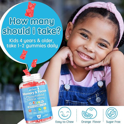 Phosphatidylserine Supplement 100mg, Focus Gummies for Kids Teens + Vitamin C & D3 400IU, Sugar Free Kids Brain Gummies Increase Attention & Concentration, Chewable, Vegan, Gluten Free, Non-GMO 60Cts
