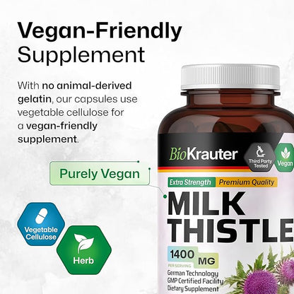 BIO KRAUTER Milk Thistle Capsules 1400 mg - 250 Count - Liver Detox & Cleanse Supplement - Vegan Silymarin Capsules - Milk Thistle Powder - Non GMO