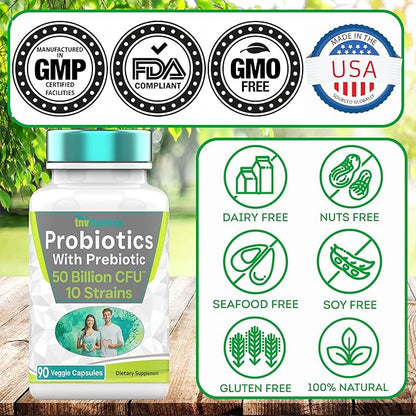 Probiotics with Prebiotic: 50 Billion CFU - 10 Strain - 90 Vegetarian Capsules | with Acidophilus Probiotic for Digestive Health, Gut Health, & Immune Support* | for Men & Women