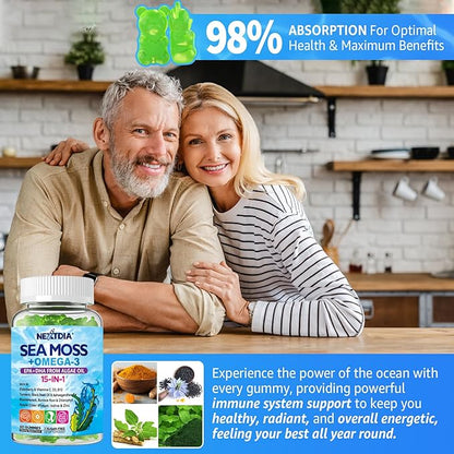 Sea Moss Gummies + Omega-3 Vegan for Man Women, Organic Irish Seamoss Supplement w/Ashwagandha, Turmeric, Elderberry, Vitamins D3 B12 C, Burdock Root, Bladderwrack, for Brain, Energy, Immunty, 120Cts