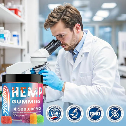 Hemp Gummies Extra Strength for Adults - 6 Fruity Flavors Infused Vitamins, Omega 3 - Chewable Gummy for Deep Bedtimes, Focus, Unwind - Pack of 4 - Made in USA