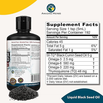 Amazing Herbs Egyptian Black Seed Oil - Gluten Free, Non GMO, Cold Pressed Nigella Sativa Aids in Digestive Health, Immune Support, Brain Function, Mild Flavor - 32 Fl Oz