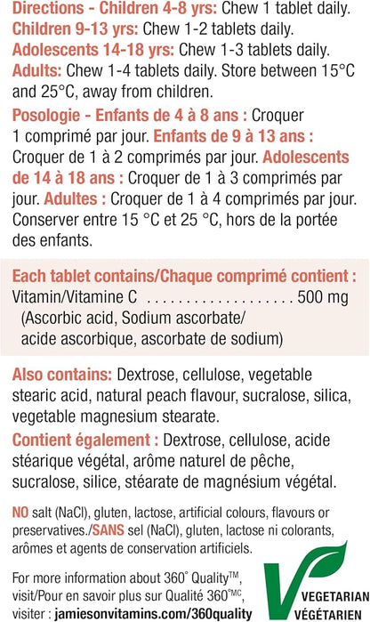 Jamieson Vitamin C Chewables 500 mg - Juicy White Peach Flavour, 120 Tablets