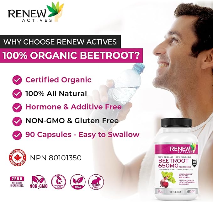 Renew Actives Organic Beetroot Supplement 1300MG per 2 Capsules - Pure Beetroot Powder for Circulation, Natural Energy, & Antioxidant Benefits - High-Potency Superfood, Made in Canada - 90 Capsules