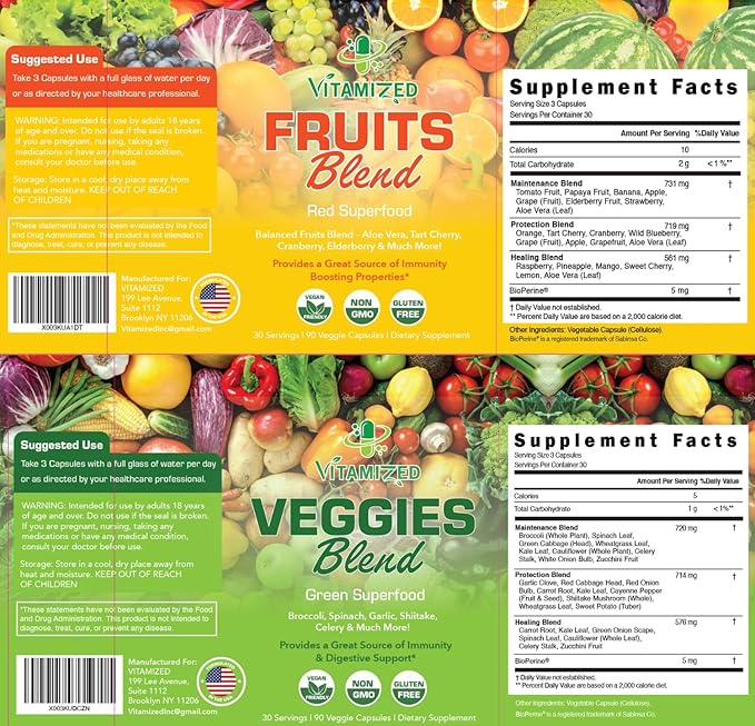 Fruits and Vegetables Supplements With BioPerine, Contains 38 Fruits & Vegetables Super Food Powder Supplements Formula For Overall Health & Nature Energy Boost for Adults Men & Women - Made in USA