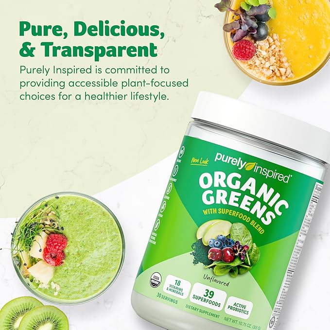 Purely Inspired Organic Greens Powder Superfood Smoothie Mix, Unflavored (30 Servings) - Super Greens with Probiotics, Spirulina & Chlorella for Gut & Digestive Health - Vegan & Gluten-Free