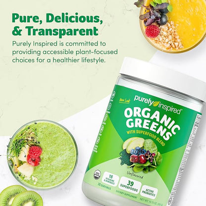 Purely Inspired Organic Greens Powder Superfood Smoothie Mix, Unflavored (30 Servings) - Super Greens with Probiotics, Spirulina & Chlorella for Gut & Digestive Health - Vegan & Gluten-Free