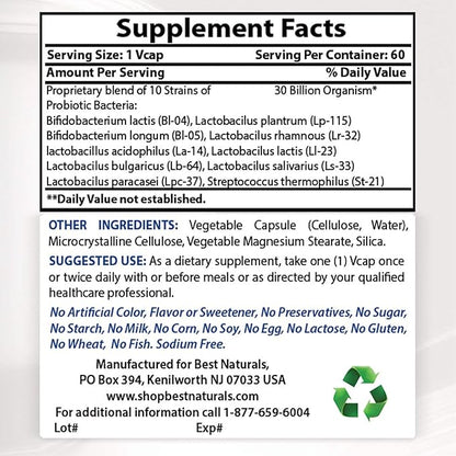 Best Naturals Probiotic 10 Strains & 30 Billion CFU Intestinal Flora, 60 Veggie Capsules (60 Count (Pack of 1))
