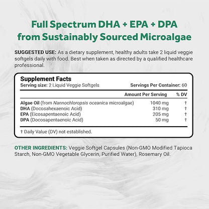 Vegan Omega 3 DHA, EPA & DPA from Algae | Vegan Society Certified, Sustainably Sourced, True Full Spectrum | 120 Veggie Softgels (Carrageenan Free)
