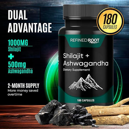 Shilajit Capsules 1000mg & Ashwagandha Supplements 500mg (180 Count) Pure Himalayan Shilajit - (20% Fulvic Acid Supplement) - Ashwagandha Capsules