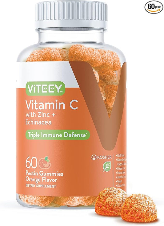 Vitamin C Gummies for Adults & Teens with Zinc & Echinacea - Immune Support Gummies - Vegan, Gelatin Free, Gluten Free, GMO Free - Tasty Vitamin C Chewable Orange Flavored Gummy
