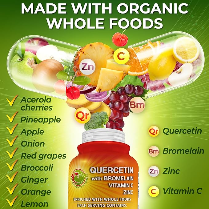 Quercetin with Bromelain Vitamin C and Zinc Enriched with Organic Whole Foods - 1215mg per Serving - Quercetin Phytosome 500mg Capsules with Ginger and Flavonoids for Immune Support - 180 count